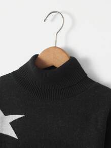 RueChic Teen Girl Star Pattern Mock Neck Drop Shoulder Sweater - Black - View 3