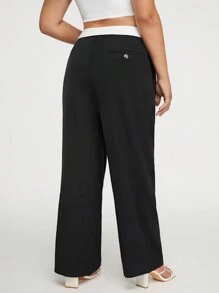 SHEIN Privé 大碼拼接腰部折疊闊腿褲 - 黑色 - 查看 4