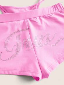 SHEIN ICON Pha lê Mẫu chữ Cắt ra Nút ven Quần short - Màu Hồng baby - Xem 4