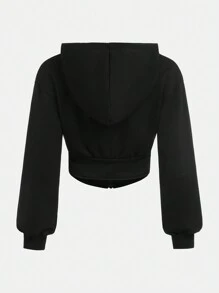 SHEIN ChillGRL Teen Girl Zip Up Crop Sweatshirt - Black - View 2