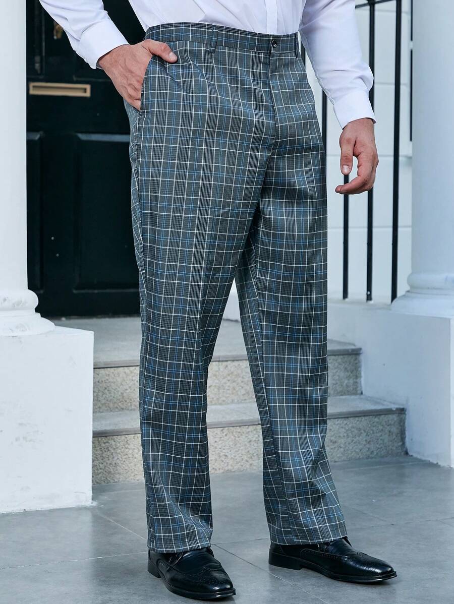 Manfinity Mode 男士大码格紋印花斜口袋西裝褲 - 灰色 - 查看 1