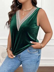 SHEIN Franclia 大碼拼接水溶蕾絲背心上衣 - 綠色 - 查看 5