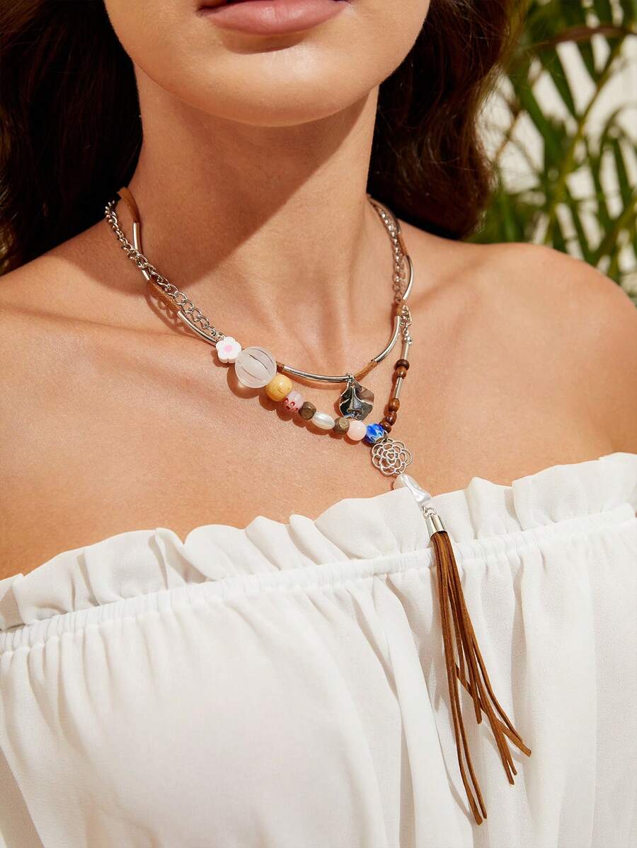 SHEIN VCAY 時尚皮革繩索度假項鍊 - 彩色 - 查看 1