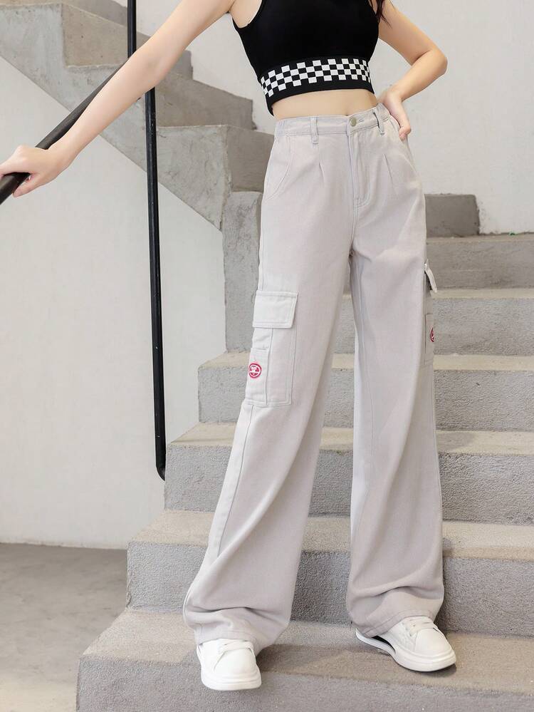 Teen Girl Letter Patched Flap Pocket Cargo Jeans