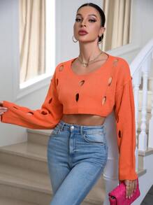 Zolique 露肩短款针织套头衫，适合秋冬季穿着 - 亮橙色 - 查看 4