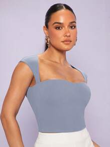 SHEIN BAE Cổ Trái tim Chất rắn Áo ba lỗ - Màu xanh bụi bặm - Xem 6