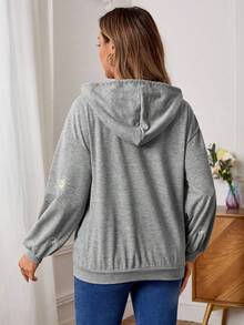 SHEIN Maternity Zip Up Floral Embroidery Drawstring Sweatshirt - Light Grey - View 2