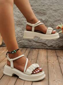 女式雙穿厚底坡跟涼鞋,2023新款夏季風格沙灘涼鞋,羅馬風格露趾拖鞋,休閒 - 米色 - 查看 5