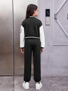 SHEIN 女大童1入組字母圖案雙色學院風夾克和1入組衛褲 - 黑色 - 查看 3