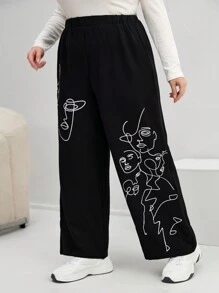 SHEIN Essnce Plus Figure Graphic Wide Leg Pants - Black - View 1