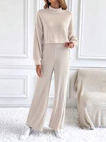 SHEIN Frenchy 小高領落肩T恤&闊腿褲 - 杏色 - 查看 6