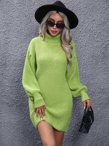 EMERY ROSE Turtleneck Drop Shoulder Sweater Dress Without Belt Fall Winter Cloth For Women - Green - View 1
