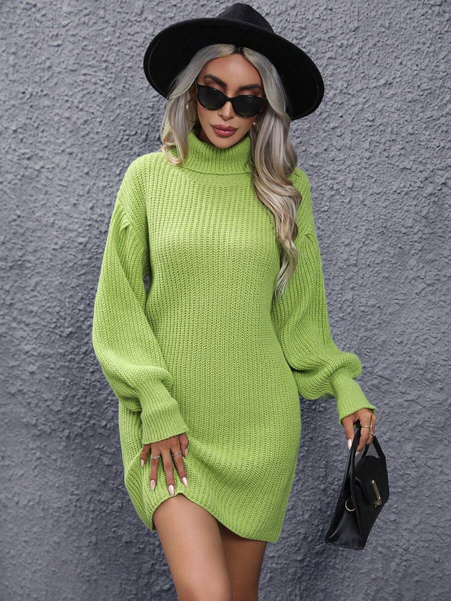 EMERY ROSE Turtleneck Drop Shoulder Sweater Dress Without Belt Fall Winter Cloth For Women - Green - View 1