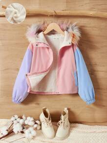 SHEIN Tween Girl Colorblock Fuzzy Trim Hooded Thermal Lined Jacket