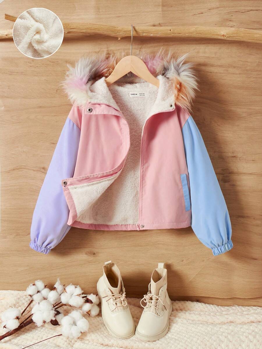 SHEIN Tween Girl Colorblock Fuzzy Trim Hooded Thermal Lined Jacket