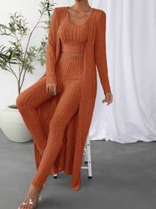 SHEIN Essnce Solid Crop Tank Top & Pants & Open Front Coat - Burnt Orange - View 1