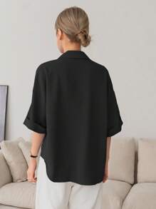 DAZY 前紐扣落肩袖襯衫 - 黑色 - 查看 2