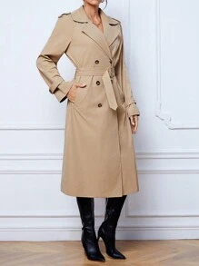 SHEIN Tall 雙排扣束帶風衣 - 卡其色 - 查看 5