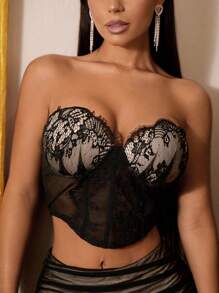 SHEIN SXY Lace Tube Top & Ruched Bodycon Skirt - Black - View 6