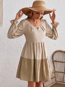 SHEIN VCAY Vestido blusón con dobladillo con volantes y mangas con volante - Caqui - Ver 4