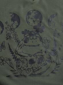 ROMWE Fairycore Frog & Skull Print Grommet Eyelet Tee - Army Green - View 4