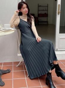 DAZY 素色百褶下擺吊帶洋裝不帶上衣 - 黑色 - 查看 5