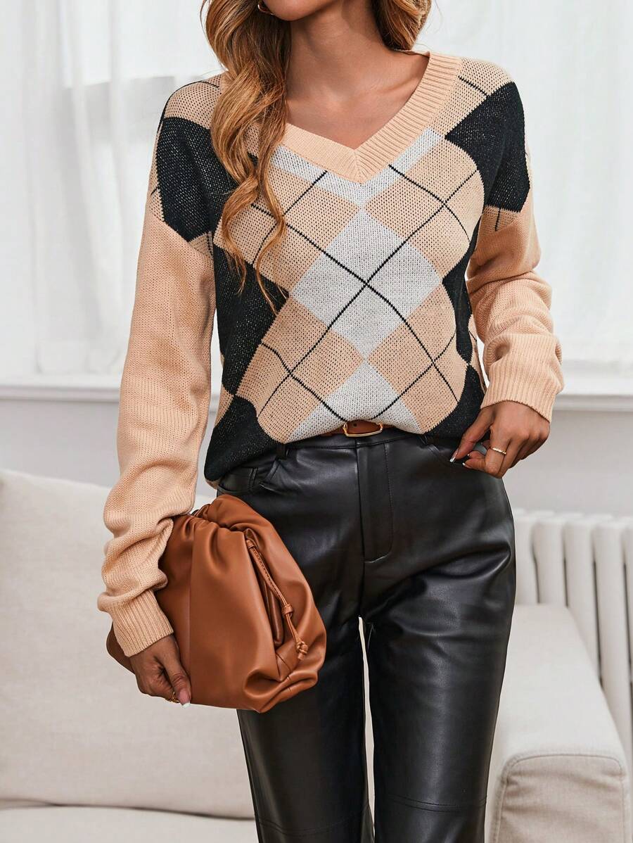 SHEIN LUNE Argyle Pattern Drop Shoulder Sweater - Multicolor - View 1