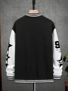 Manfinity LEGND 超大号男士拼色校队夹克，带口号、和图形印花、条纹饰边、说唱歌手、长袖、外出、棒球夹克 - 黑與白 - 查看 2