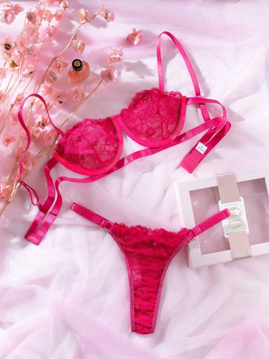 Set de lencería con encaje floral con aro - Rosa Fucsia - Ver 1