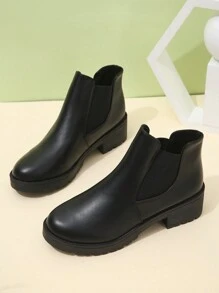 女式大码黑色踝靴，粗跟休闲一脚蹬靴，皮革和织物拼接，高跟，保暖，秋冬 - 黑色 - 查看 4