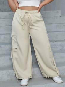Eilly Bazar Plus Size Flap Pocket Side Drawstring Waist Cargo Pants Spring - Beige - View 3