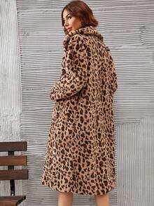 Women Lightweight Leopard Print Fleece Spring Jacket - Coffee Brown - View 2