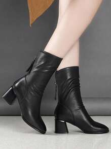 Women's Casual And Fashionable Mid-Calf Black Boots For Outdoor Wear In Autumn Or Winter, Made Of Faux Leather,Match With Black Dress