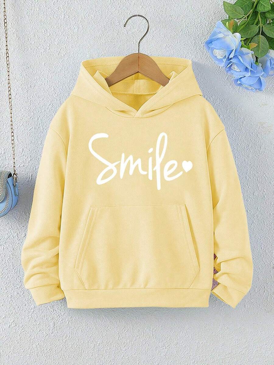 Sparklyn Tween Girl Letter Graphic Kangaroo Pocket Drop Shoulder Hoodie - Yellow - View 1