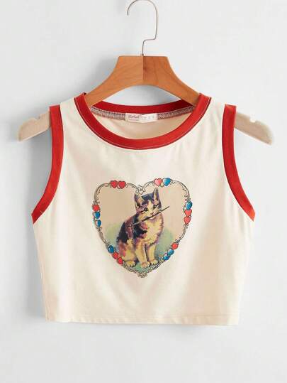 Top tank con estampado de gato ribete en contraste