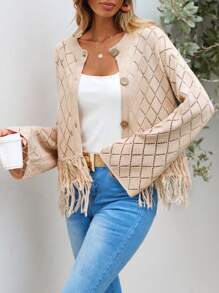 SHEIN VCAY Fringe Hem Pointelle Knit Cardigan - Khaki - View 4