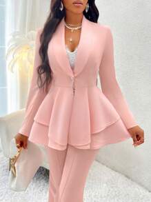 VaVaBold 青果領層疊下擺單釦荷葉邊下擺西裝外套 - 粉色 - 查看 1