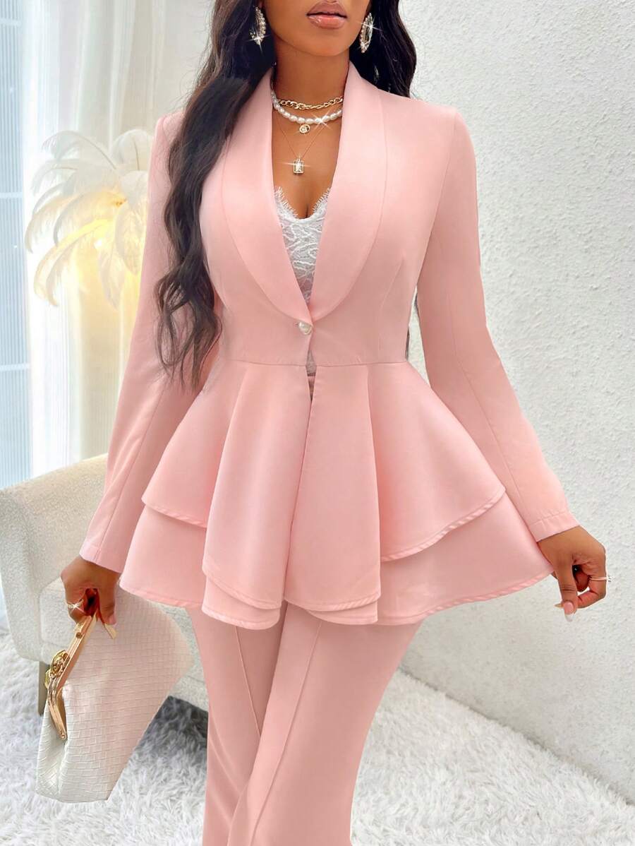 VaVaBold 青果領層疊下擺單釦荷葉邊下擺西裝外套 - 粉色 - 查看 1