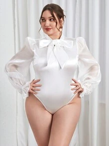 SHEIN Privé Plus Tie Neck Flare Sleeve Bodysuit - White - View 1