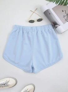 SHEIN EZwear Quần đùi nữ Dây kéo Lá thư Giải trí - Màu xanh nhạt - Xem 2