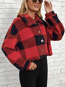 SHEIN LUNE Buffalo Plaid Print Drop Shoulder Teddy Jacket - Red - View 4