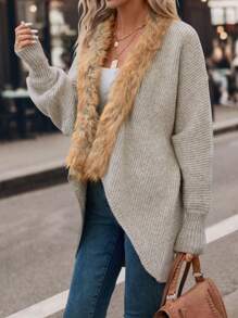 SHEIN Clasi 毛茸邊蝙蝠袖開襟開衫 - 杏色 - 查看 5