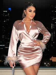 SHEIN SXY Fuzzy Cuff Ruched Wrap Hem Satin Bodycon Dress - Pink - View 3