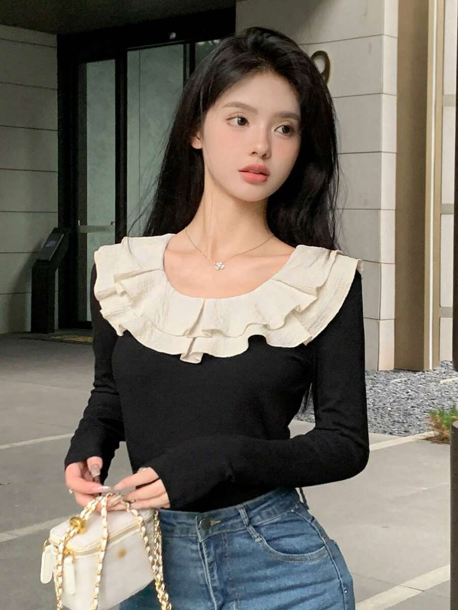 DAZY Blusa con volantes de contraste, ropa de otoño para mujer con manga larga