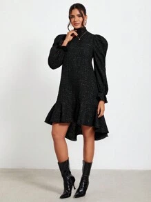 Claude Russell Vestido de cuello cisne de manga amplia bajo con fruncido - Negro - Ver 4