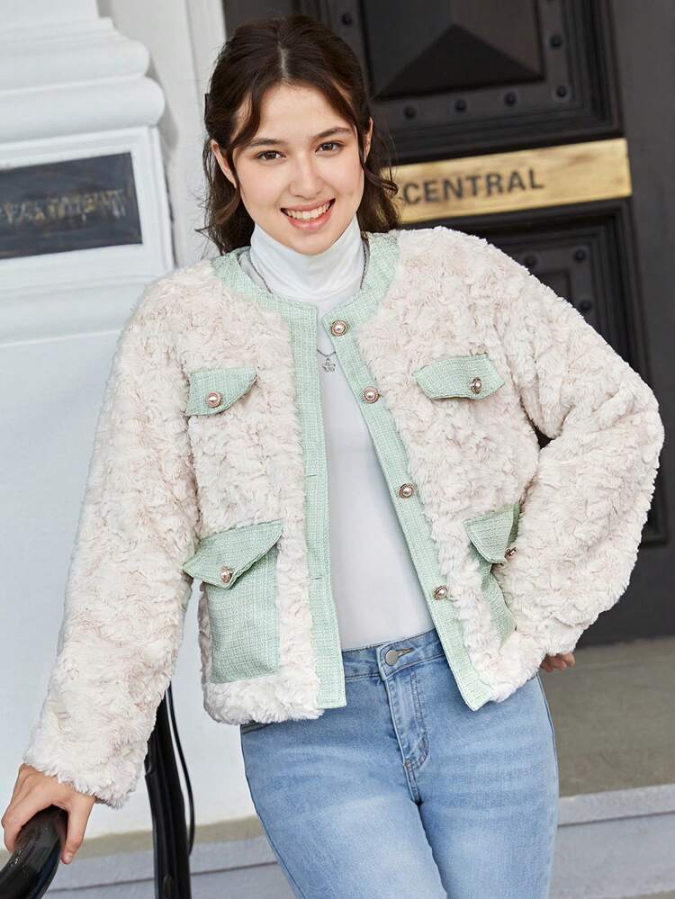 Teen Girl Flap Pocket Button Front Coat