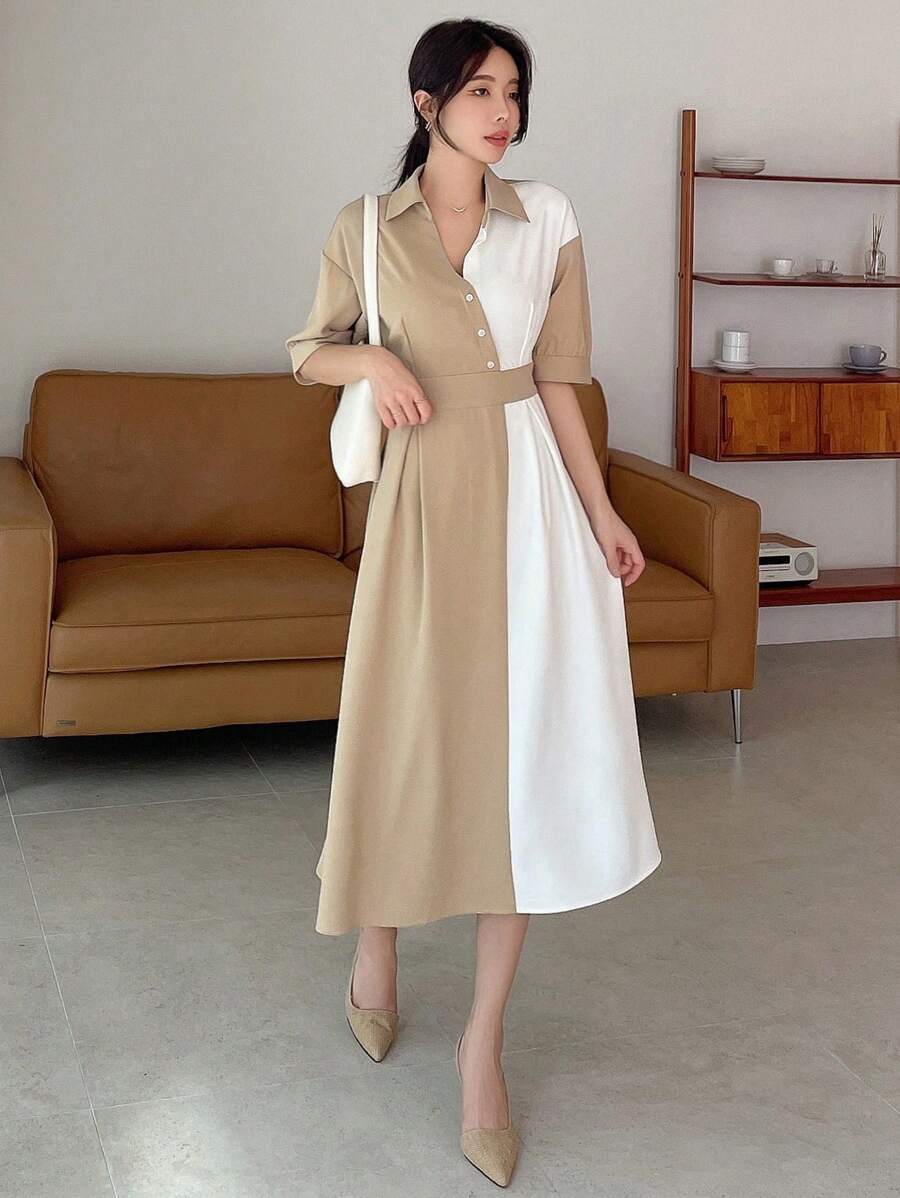 DAZY Two Tone Plicated Detail Shirt Dress - Khaki - View 1