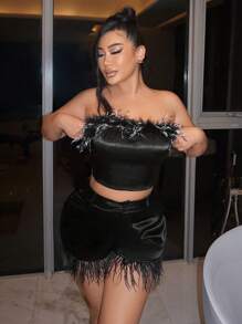 SHEIN SXY Zipper Fly Fuzzy Trim Shorts - Black - View 8