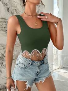 SHEIN Essnce Rhinestone Fringe Hem Crop Tank Top - Army Green - View 4