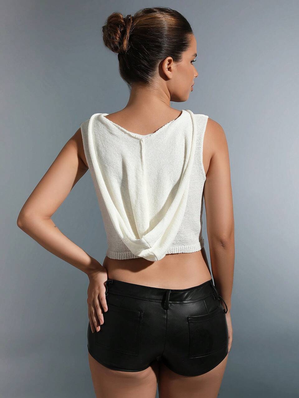 Solid Ripped Crop Hooded Knit Top